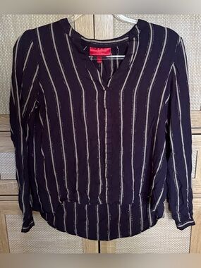 Jennifer Lopez Navy Blue Blouse with Cream Vertical Stripes